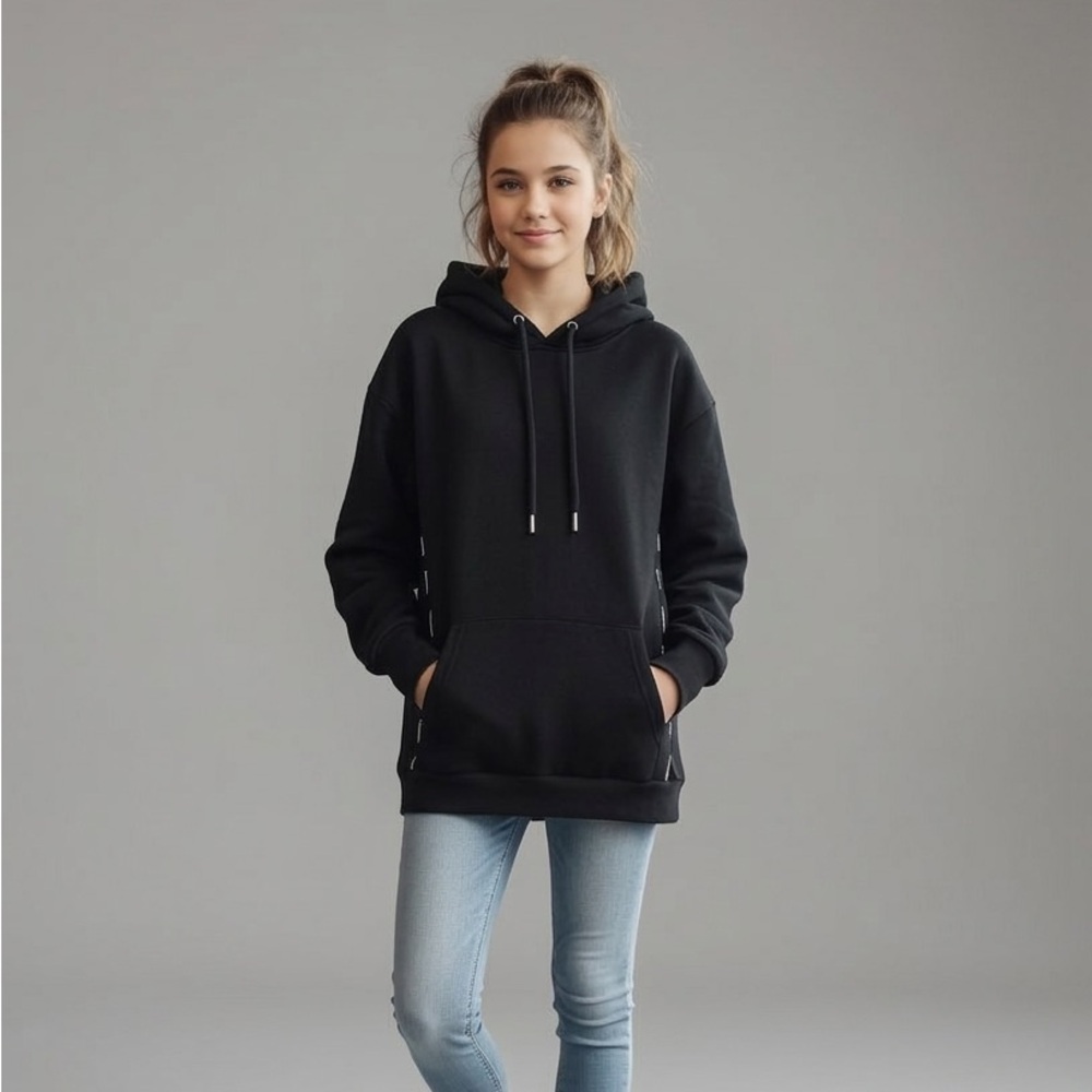 Bebe Sport Black Logo Tape Hoodie Sweatshirt Thumbholes Size Small
